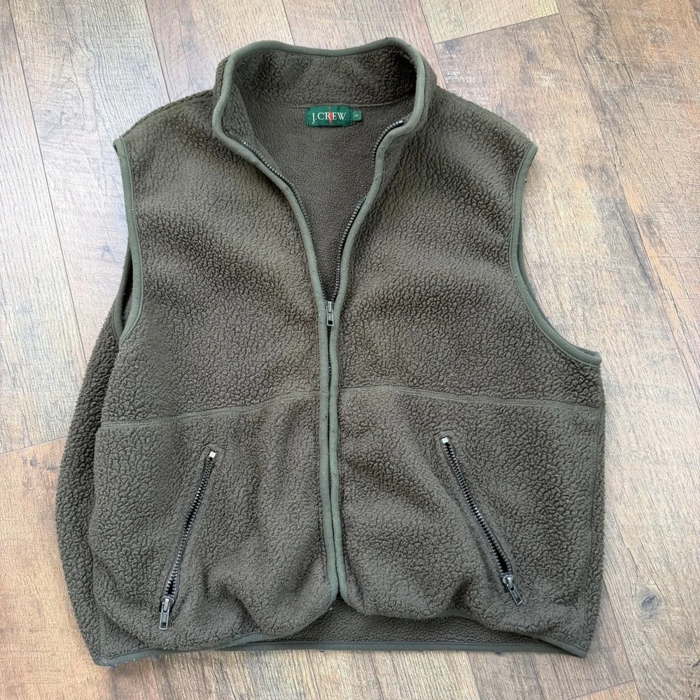 J. Crew Fleece Vest Mens Large Olive Green Y2K Full Zip Sherpa Gorpcore